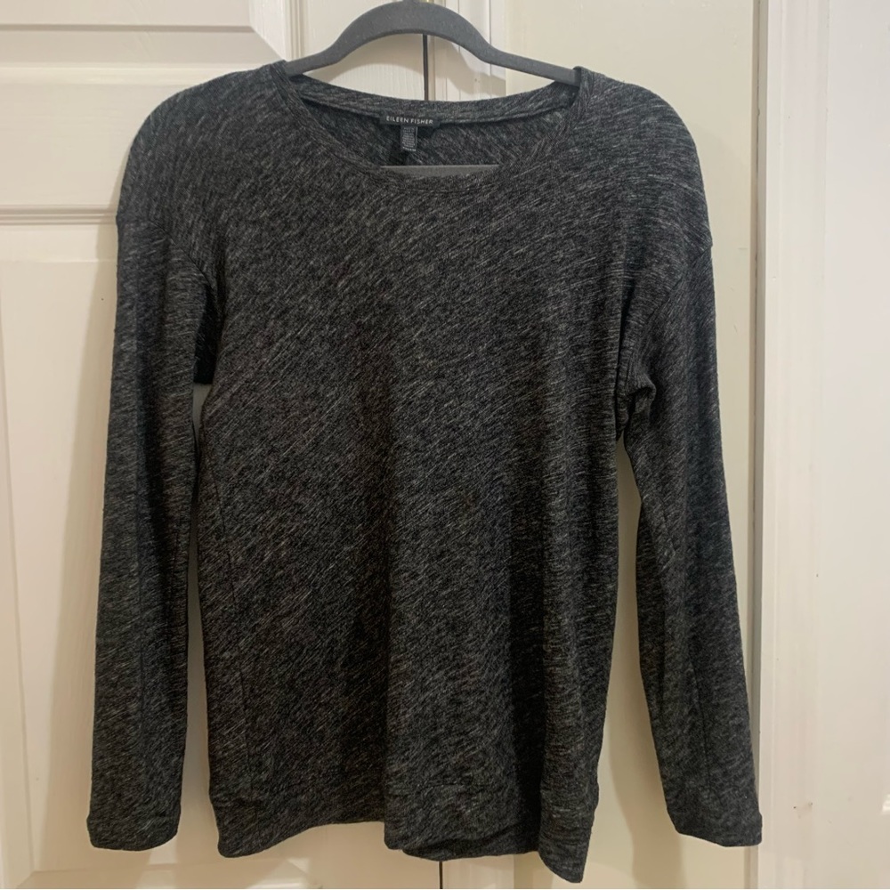 Eileen Fisher Black and Grey Heathered Long Sleeve Top Size XXS